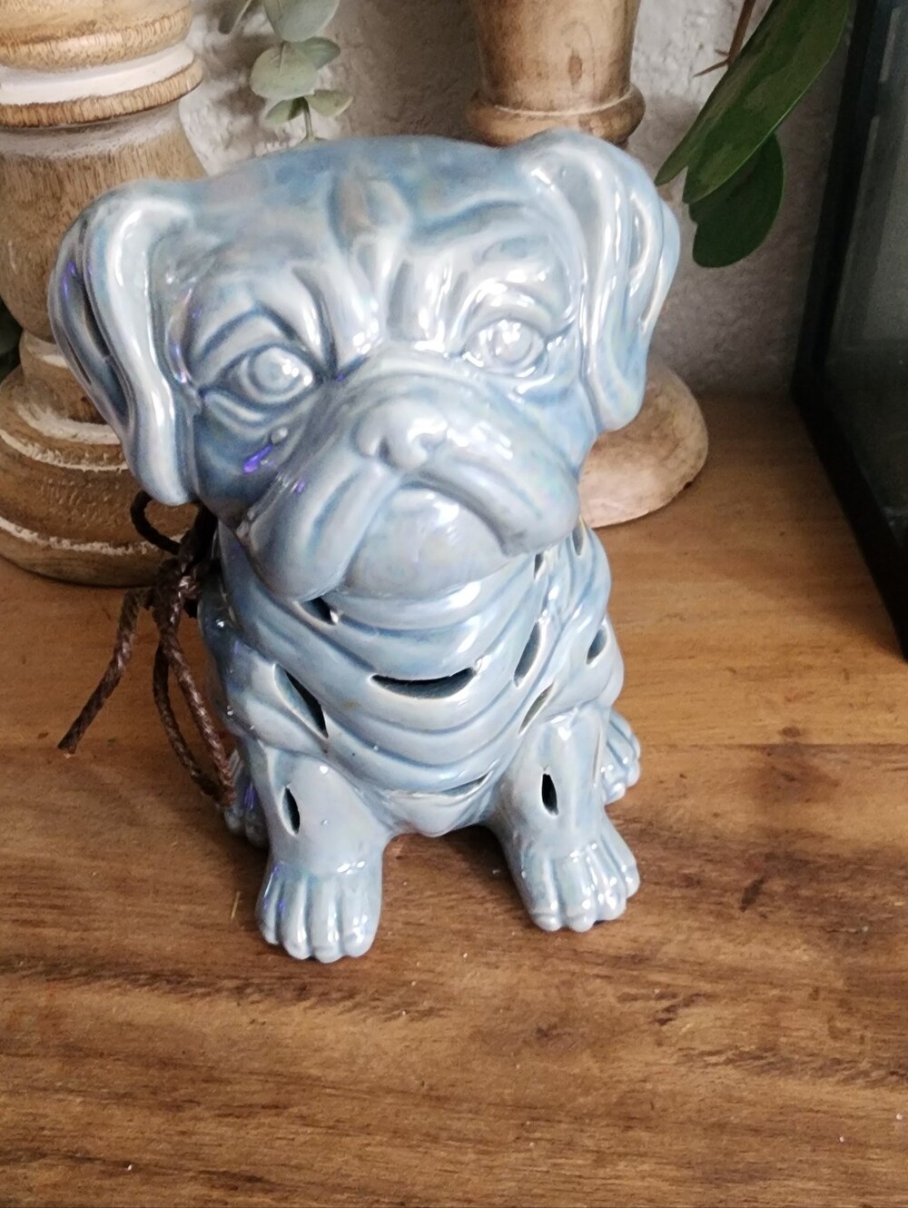 Blue Ceramic Bulldog Figurine Home Accent